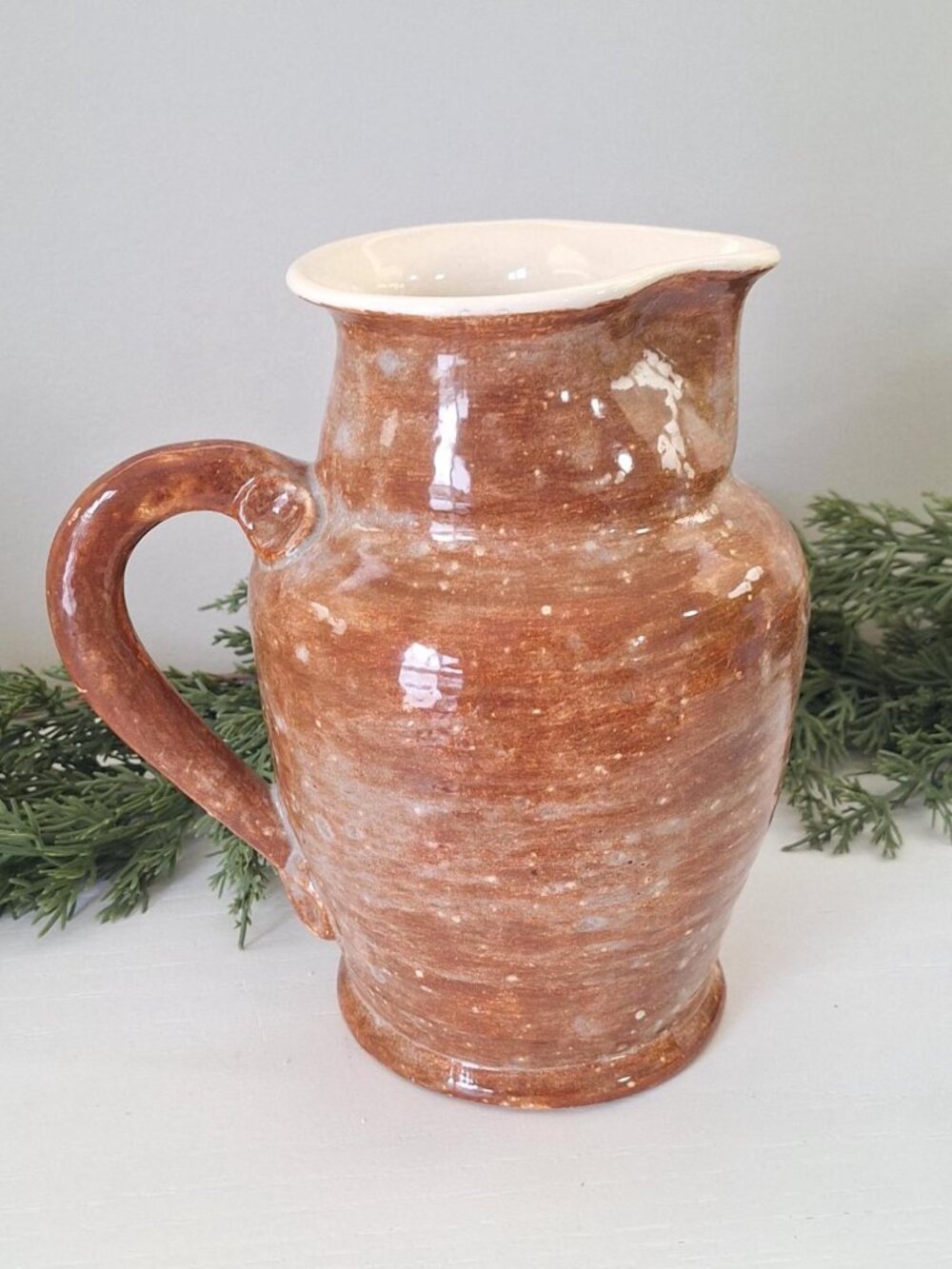Vintage Brown Pitcher Vase Handmade Pottery off white glaze interior